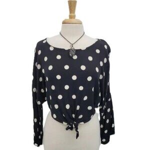 Womens M Billabong Y2K Polka Dot Tie Front Blouse Retro Crop Long Sleeve Top